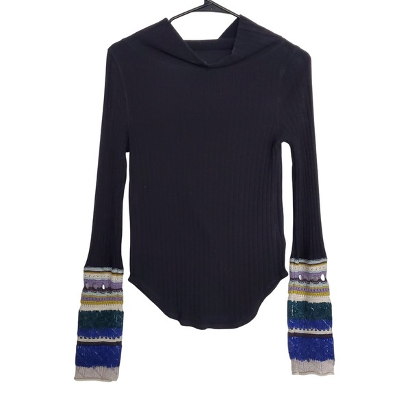 Free People Mixed Up Cuff Thermal Top Ribbed Sweater Striped Crochet Cuff M - Picture 1 of 9